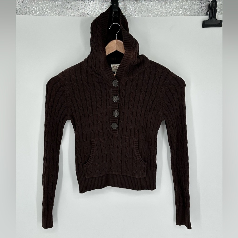 Vintage Polo Jeans Ralph Lauren Women’s Sz L Cable Knit Hooded Sweater Brown R5